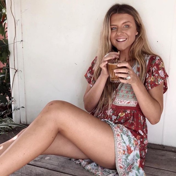 Boho gypsy floral print vneck ruffle mini dress - Picture 6 of 7